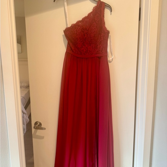 Azazie Demi Burgundy A-Line One Shoulder Chiffon Dress - Picture 8 of 9